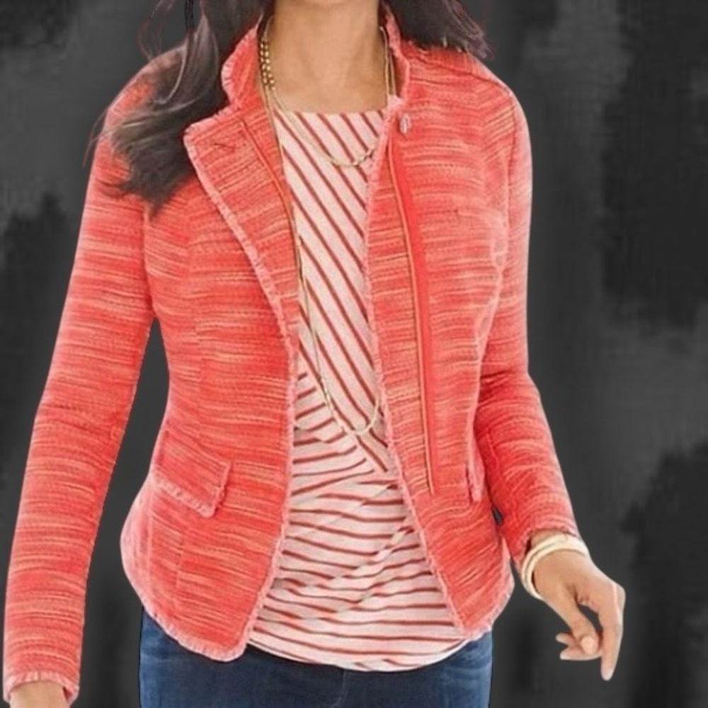 NWT Chicos ‘Textured Fringe Long-Sleeve Jacket’ in “Garibaldi Orange” Size 1 = M